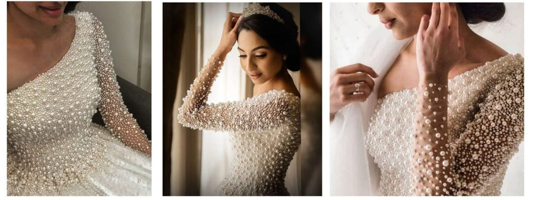 C2022-PA665  Long Sleeve One arm pearl beaded wedding gown