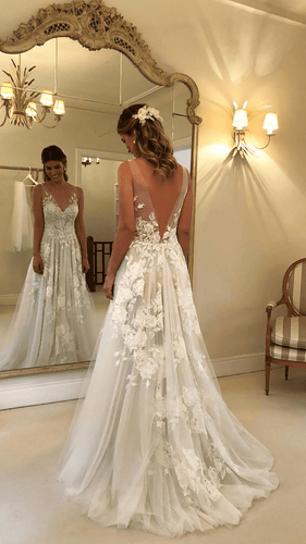 C2022-AV244 Vestido de novia corte A sin mangas y espalda descubierta 