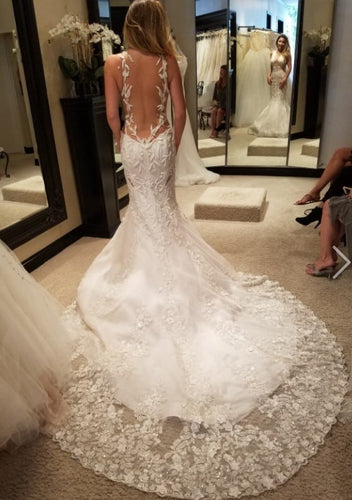 Vestido de novia de encaje transparente sin espalda 