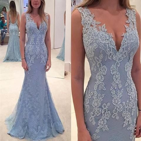 Soft blue lace sleeveless wedding gown with a v-neck line