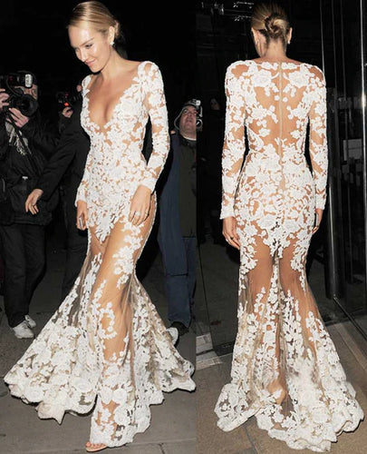 C2021-SLS199 - sexy v-neck long sleeve sheer celebrity wedding gown