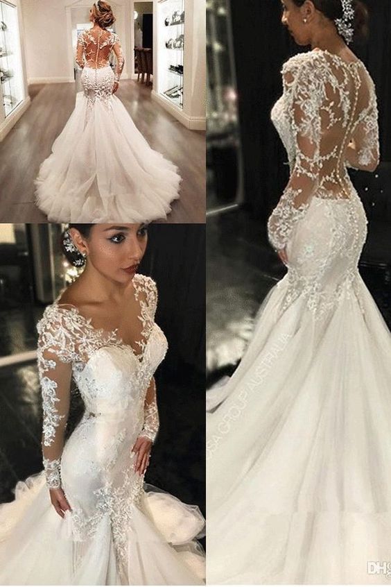C2020SL78 - Sheer long sleeve v-neck wedding gown