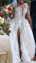 C2022-FBS887 - one arm crystal beaded wedding dress slit with detachable ball gown