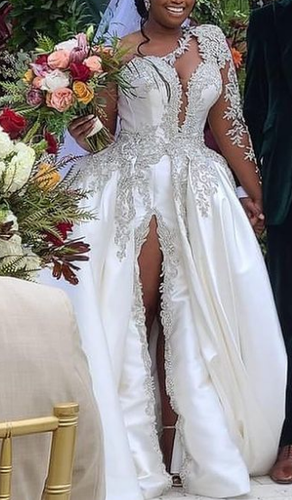 C2022-FBS887 - Vestido de novia con cuentas de cristal y un brazo con abertura y vestido de baile desmontable