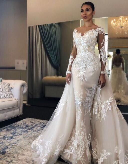 C2022-Sll447  Sheer long sleeve lace wedding gown