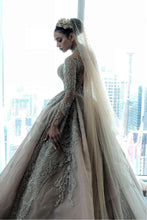 C2021-aLF88 - long sleeve bugle beaded illusion neckline wedding gown with detachable cathedral train