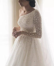 C2021-osP55 - Long sleeve one shoulder Pearl beaded wedding gown