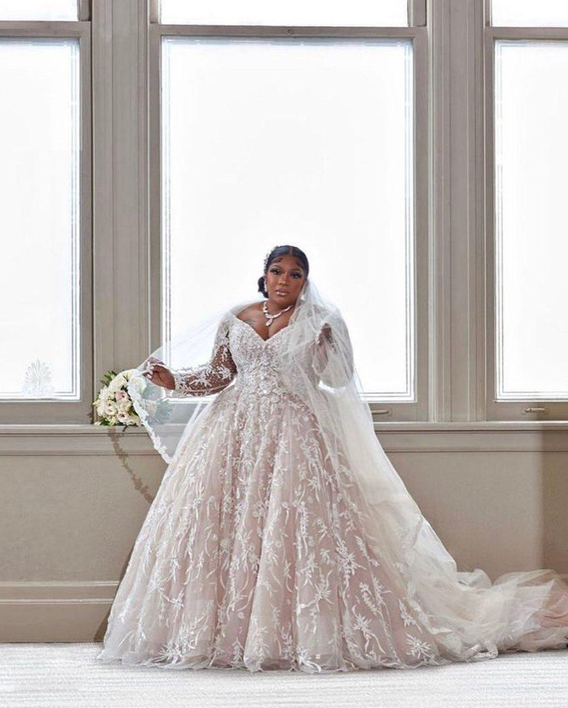 C2022-SLS3011 - sheer long sleeve plus size lace wedding ball gown ...