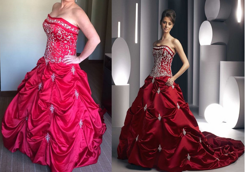 Replica of a red strapless formal ball gown wedding dress