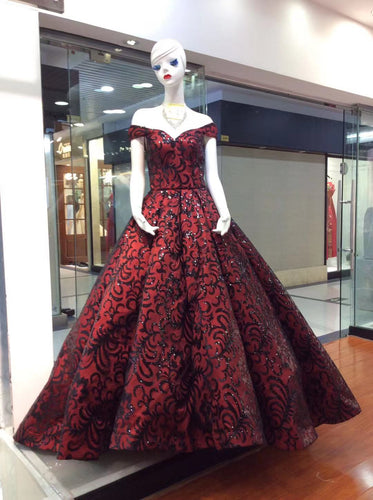 Style C2020-fb990 - Red and Black off the shoulder formal ball gown