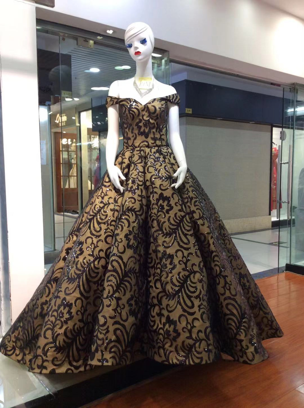Style DOL25 - Black and Gold off the shoulder formal ball gown