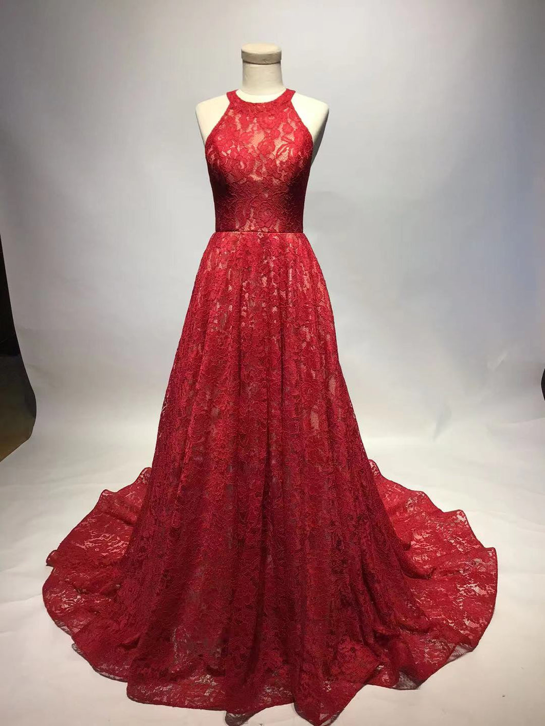 Style DOL39a - Halter style red lace evening gown for SALE