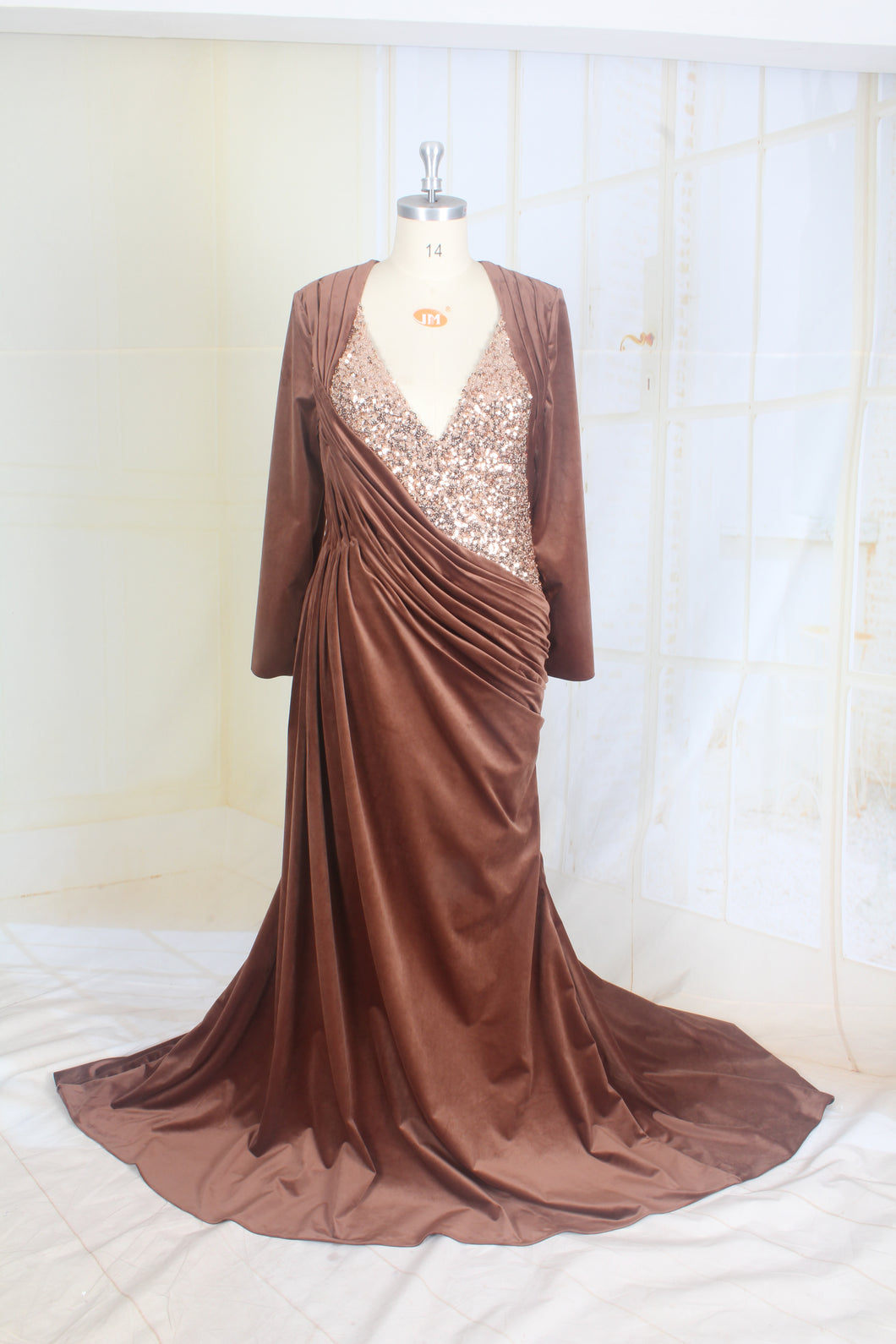 Style C2022JD Brown - Chocolate Long sleeve sequin beaded formal evening gown